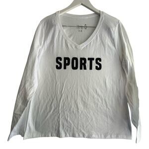 Text tee | XL | women's white v-neck long sleeve "Sports" text tee